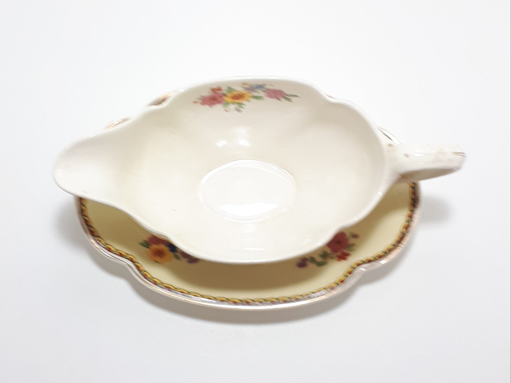 1920’s Antique Johnson Bros. “Pareek” Range Porcelain Gravy Boat & Tray – Rare Lombardy Pattern