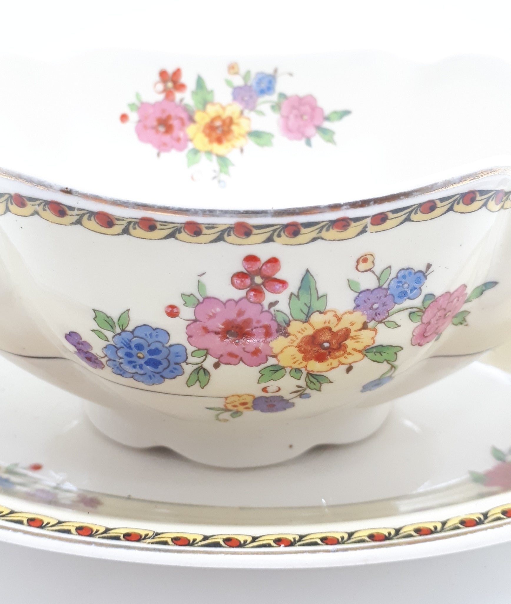 1920’s Antique Johnson Bros. “Pareek” Range Porcelain Gravy Boat & Tray – Rare Lombardy Pattern