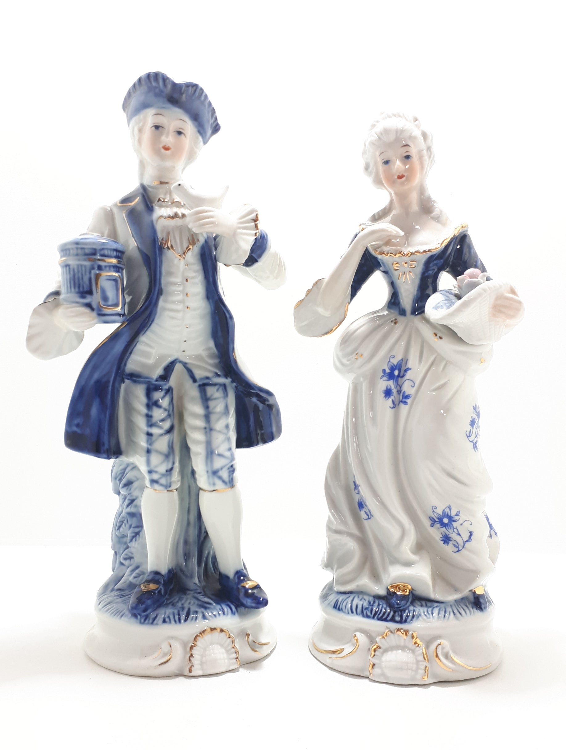1925-1967 Collectable Fine Porcelain Blue & White Capodimonte Victorian Figurine Pair – Male & Female