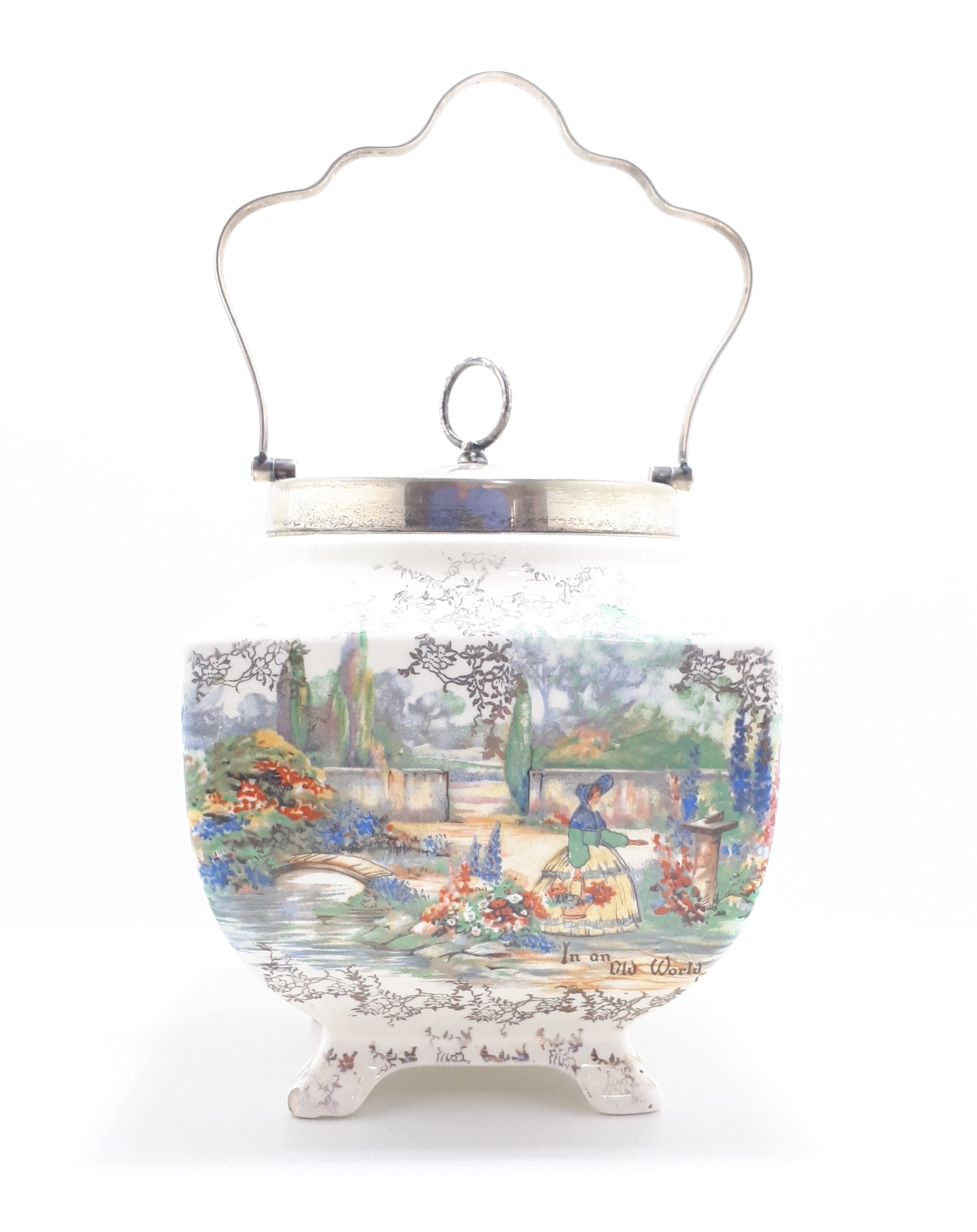 Lancaster & Sandland Ltd “In An Olde World Garden” Crinoline Lady Biscuit Barrel