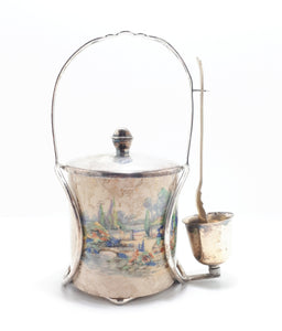 Lancaster & Sandland Ltd “In An Olde World Garden” Crinoline Lady Condiment/Jam Pot With Silver Plated Stand & Spoon