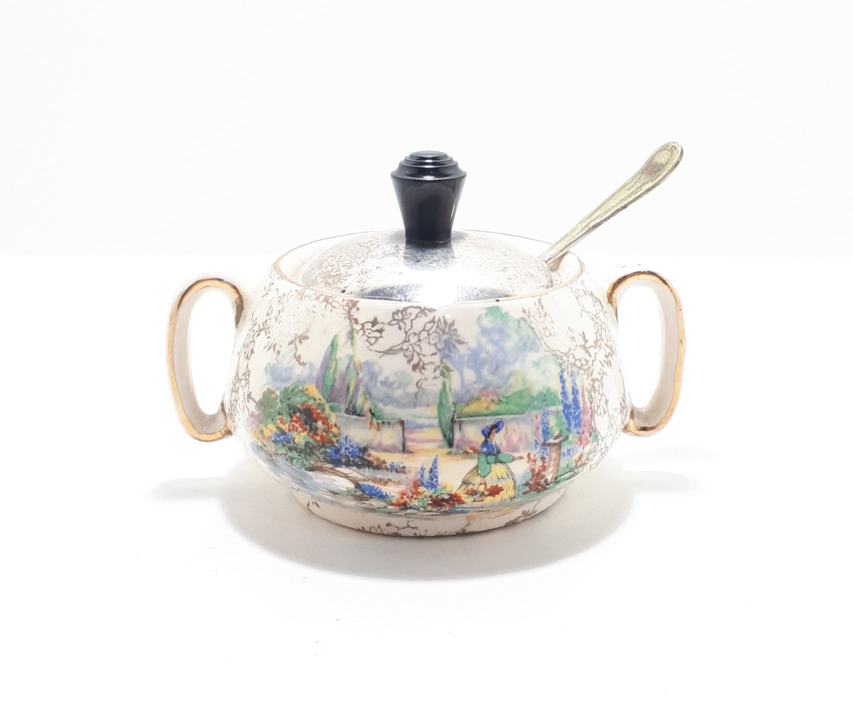 Lancaster & Sandland Ltd “In An Olde World Garden” Crinoline Lady Condiment/ Sugar Pot With Yeoman Plate Spoon