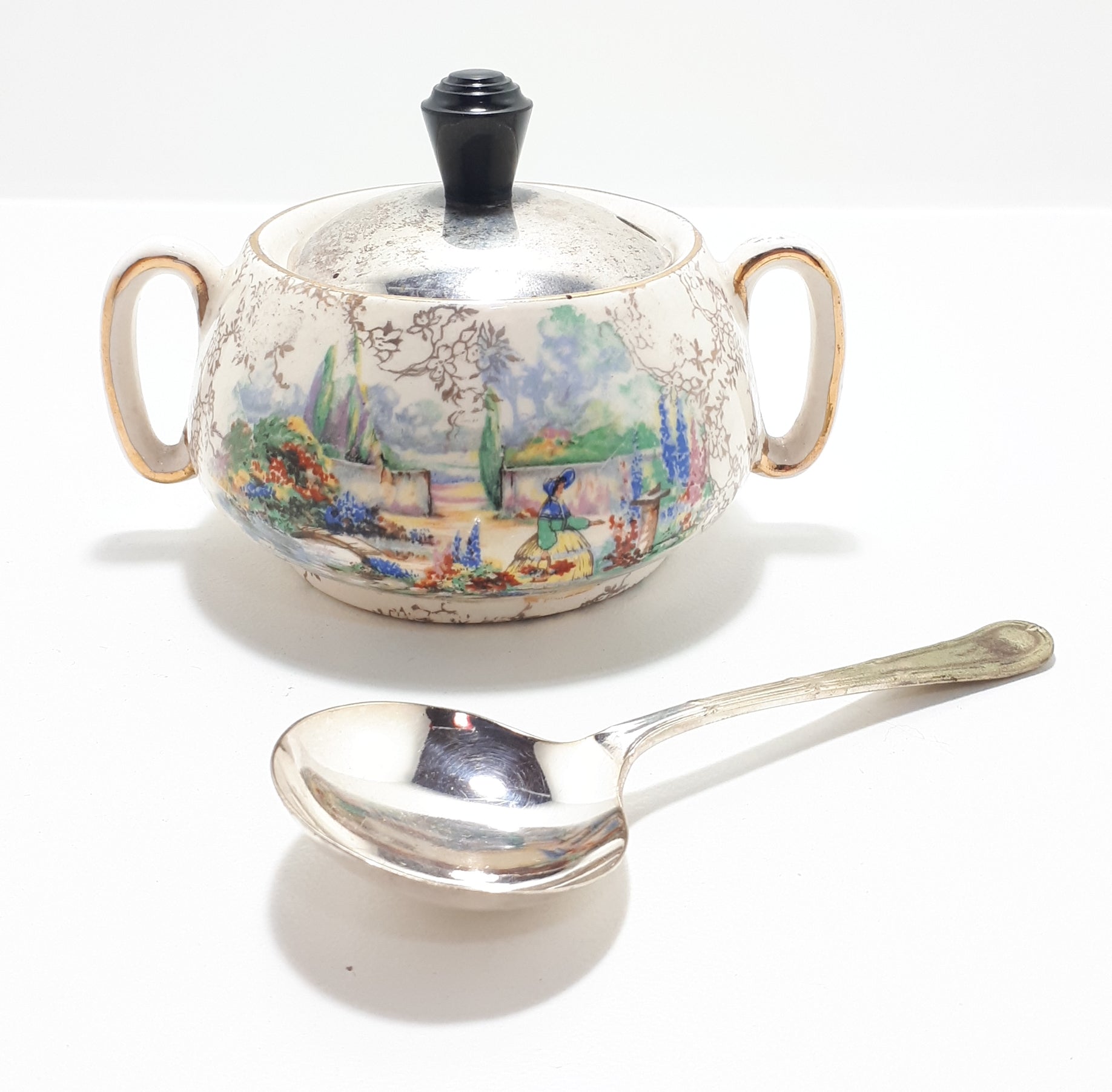 Lancaster & Sandland Ltd “In An Olde World Garden” Crinoline Lady Condiment/ Sugar Pot With Yeoman Plate Spoon