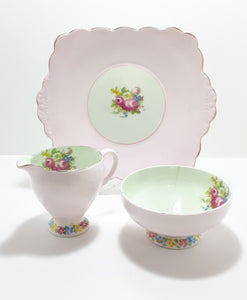 1930’s Foley Bone China Biscuit Plate, Creamer & Open Sugar Bowl