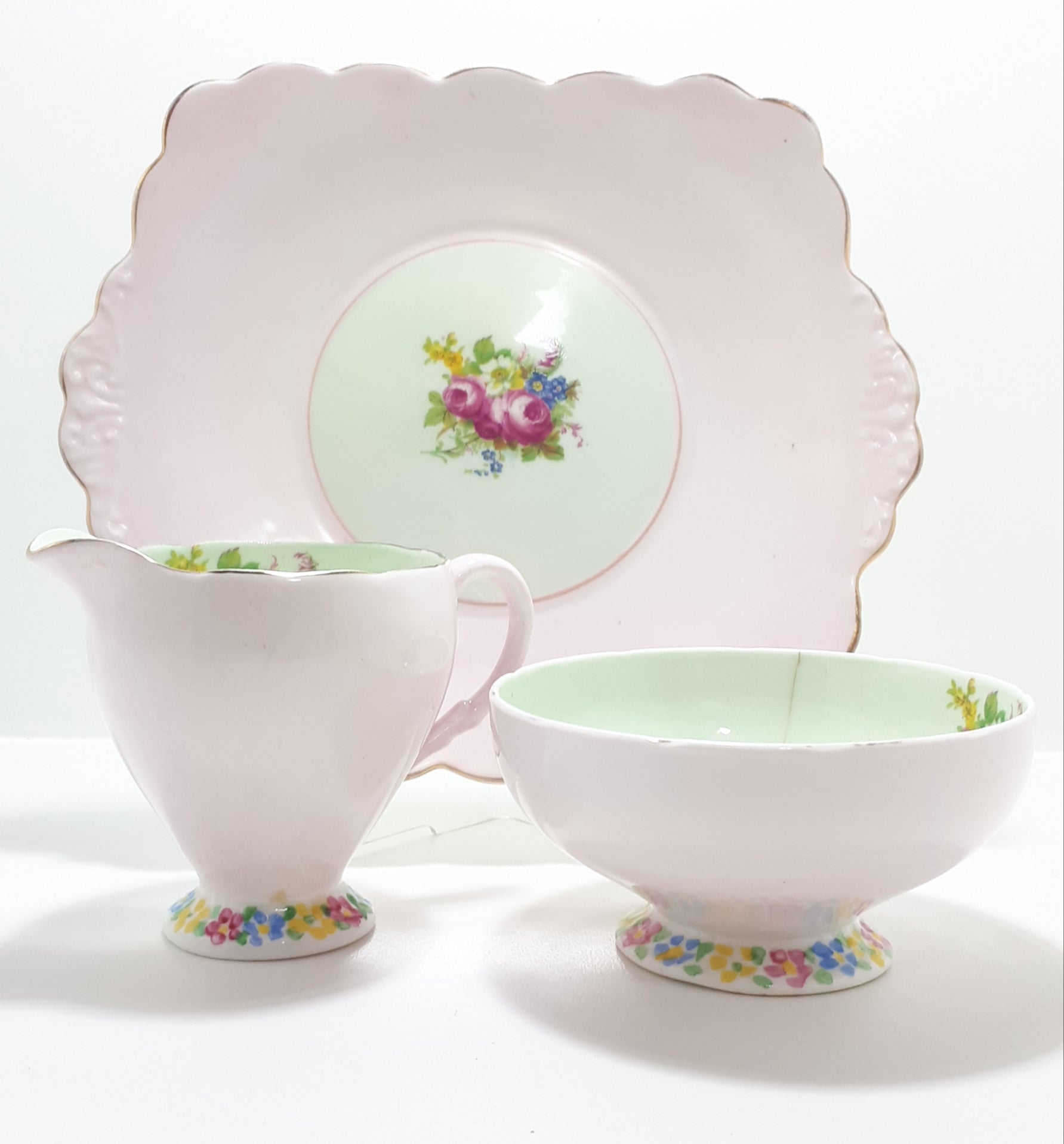 1930’s Foley Bone China Biscuit Plate, Creamer & Open Sugar Bowl