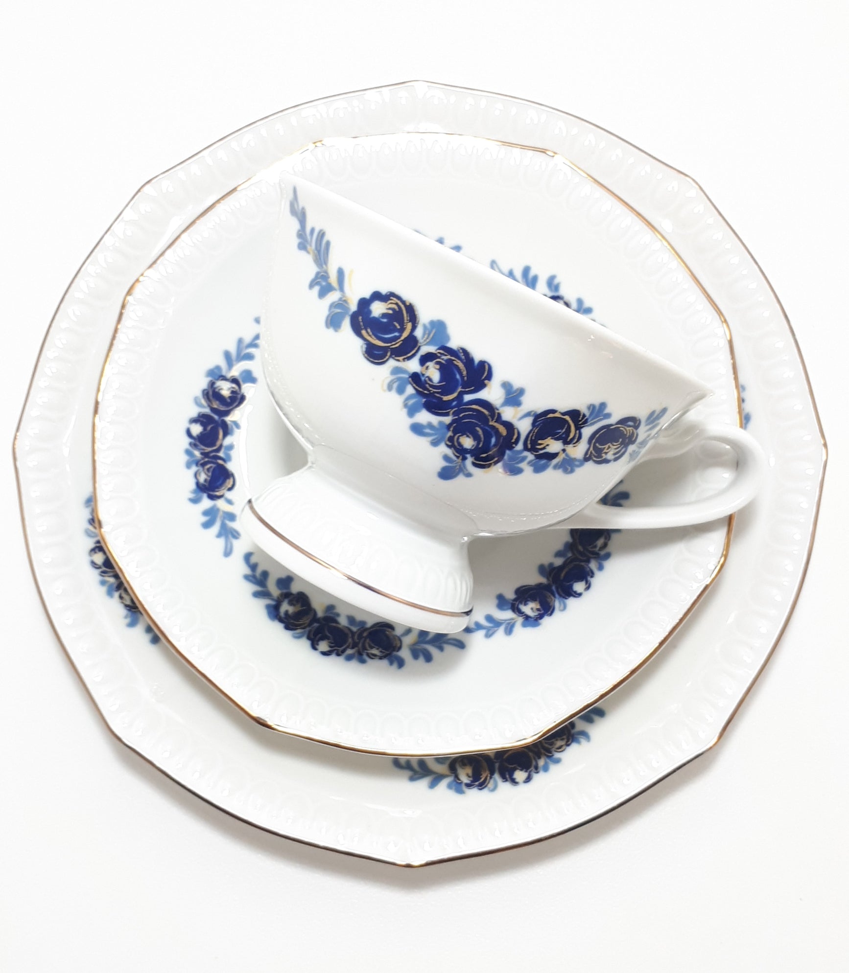 Blue & White (Echt Kobalt) Colditz Porcelain Tea Trio