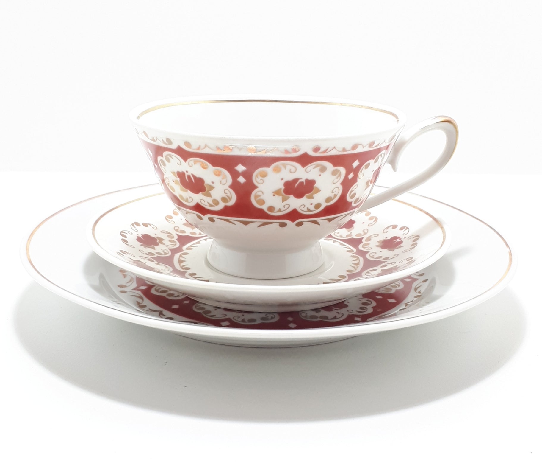 White, Red & Gold Colditz Porcelain Tea Trio