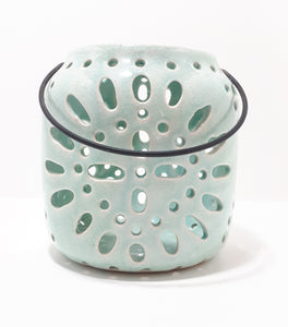Contemporary Large Table Top Aqua Blue Candle Holder With Swing Handle