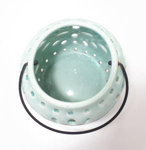 Contemporary Large Table Top Aqua Blue Candle Holder With Swing Handle