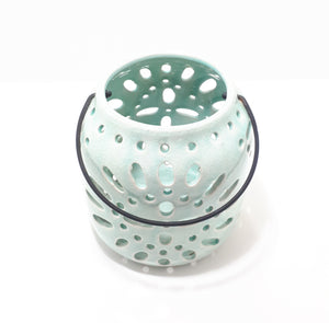 Contemporary Large Table Top Aqua Blue Candle Holder With Swing Handle