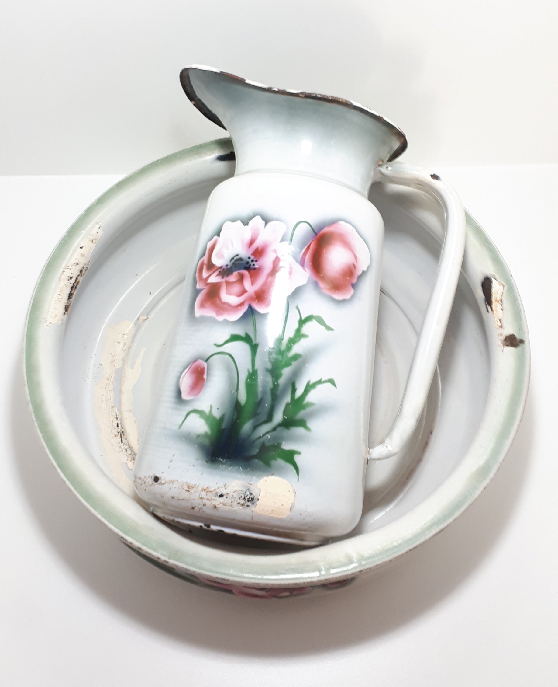 Vintage Enamel Basin & Pitcher
