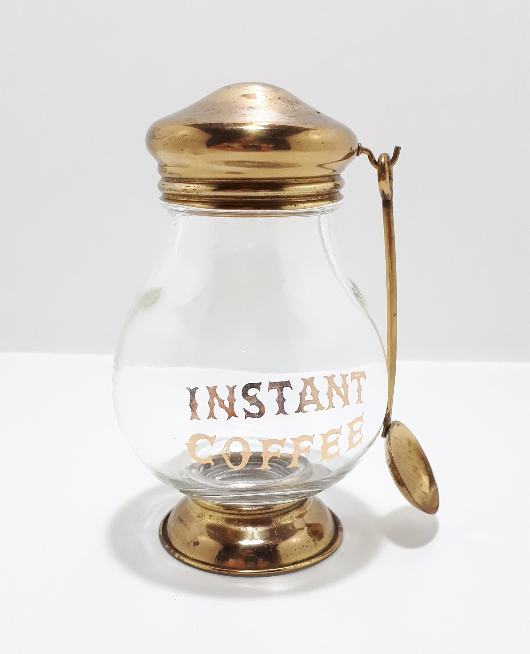Glass Instant Coffee Jar On Pedestal Base With Screw On / Off Lid & Spoon