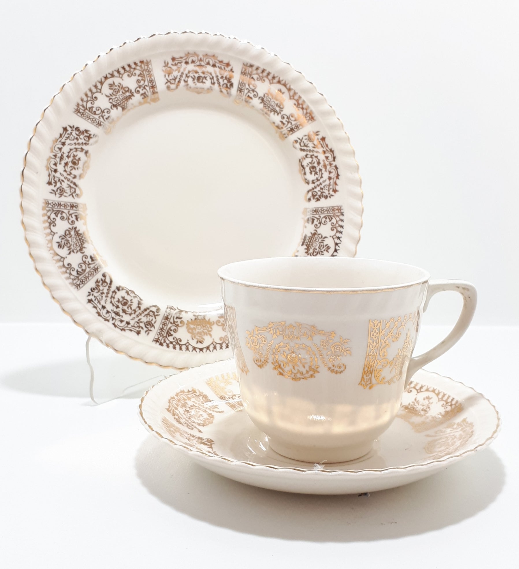 Antique 1913-1920’s Johnson Bros Porcelain Tea Trio – JB10 & JB13 Gold Pattern
