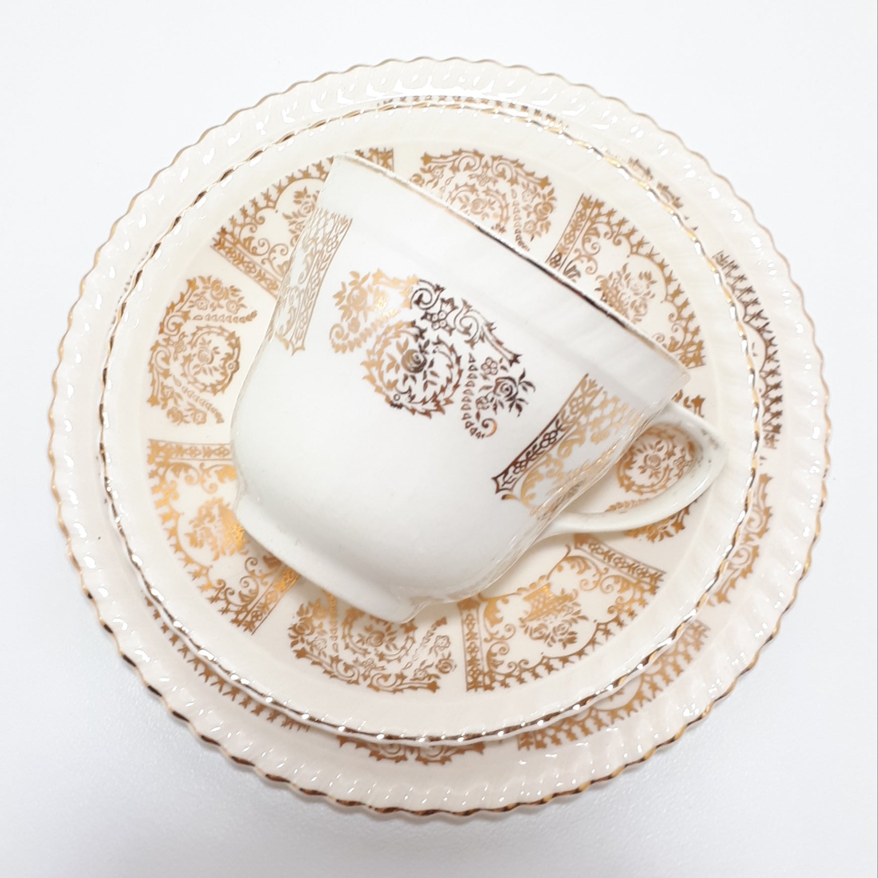 Antique 1913-1920’s Johnson Bros Porcelain Tea Trio – JB10 & JB13 Gold Pattern