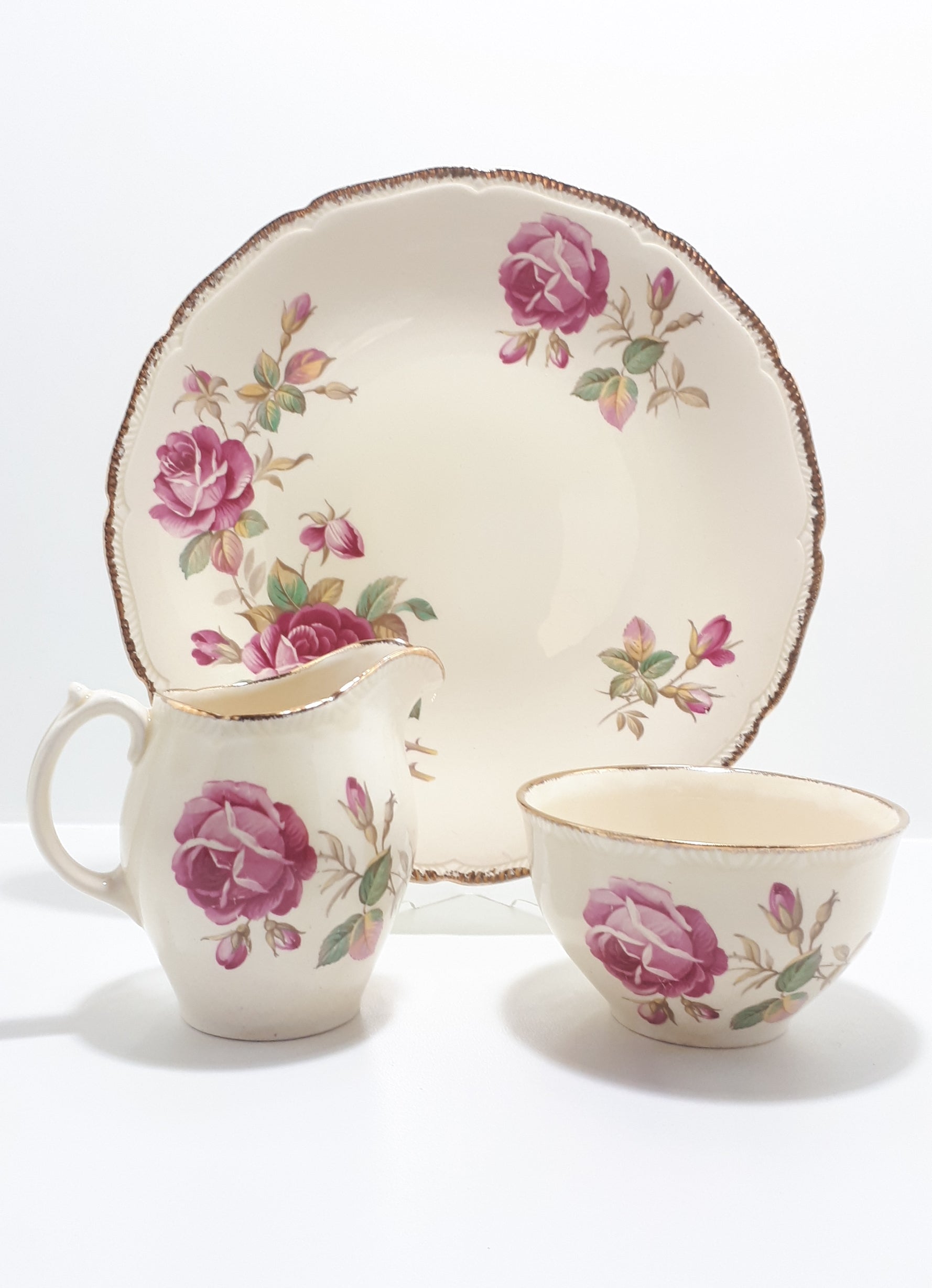 Royal Swan Cream Coloured With Rose Detail Biscuit Plate, Creamer & Open Sugar Bowl