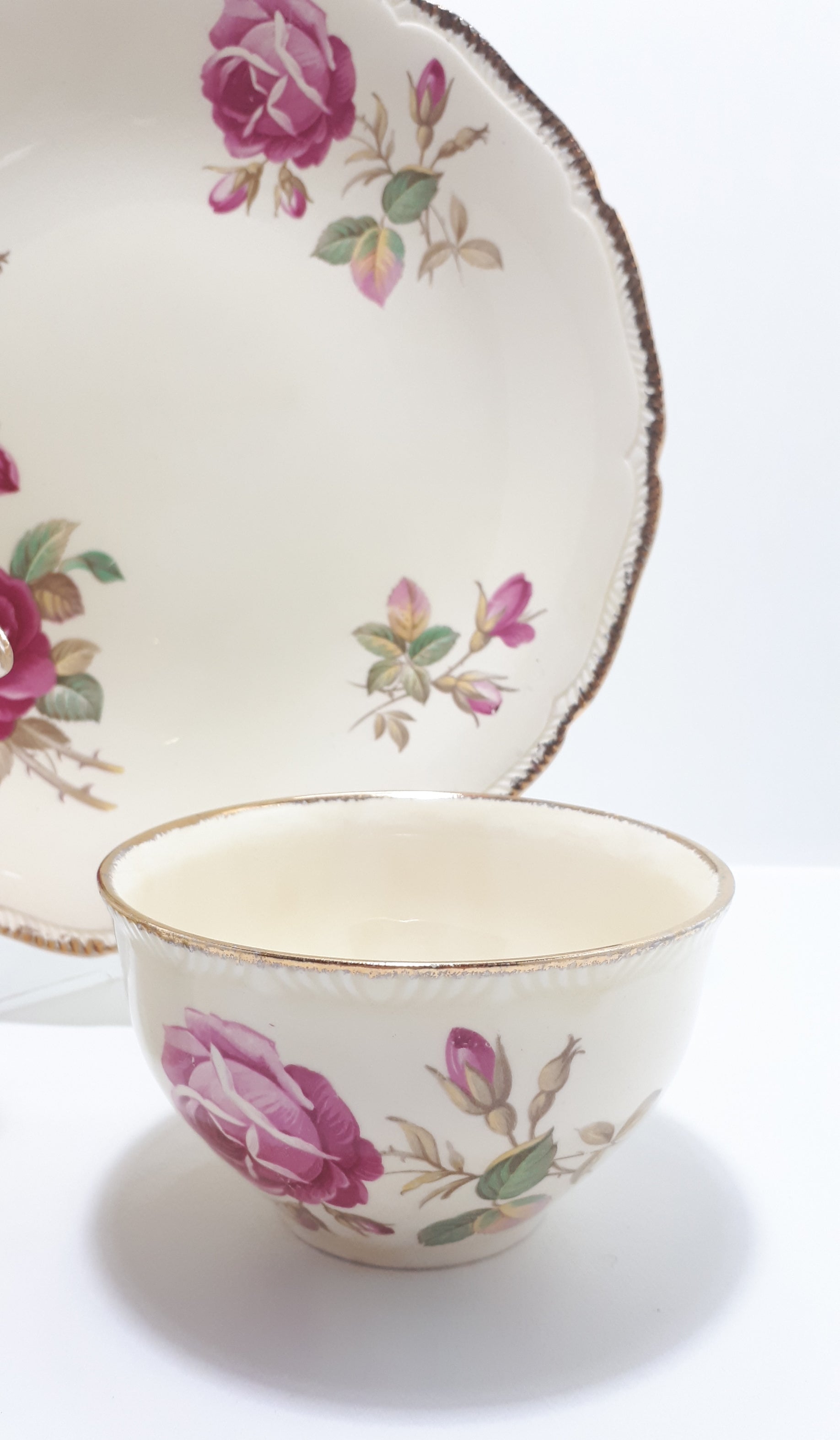 Royal Swan Cream Coloured With Rose Detail Biscuit Plate, Creamer & Open Sugar Bowl