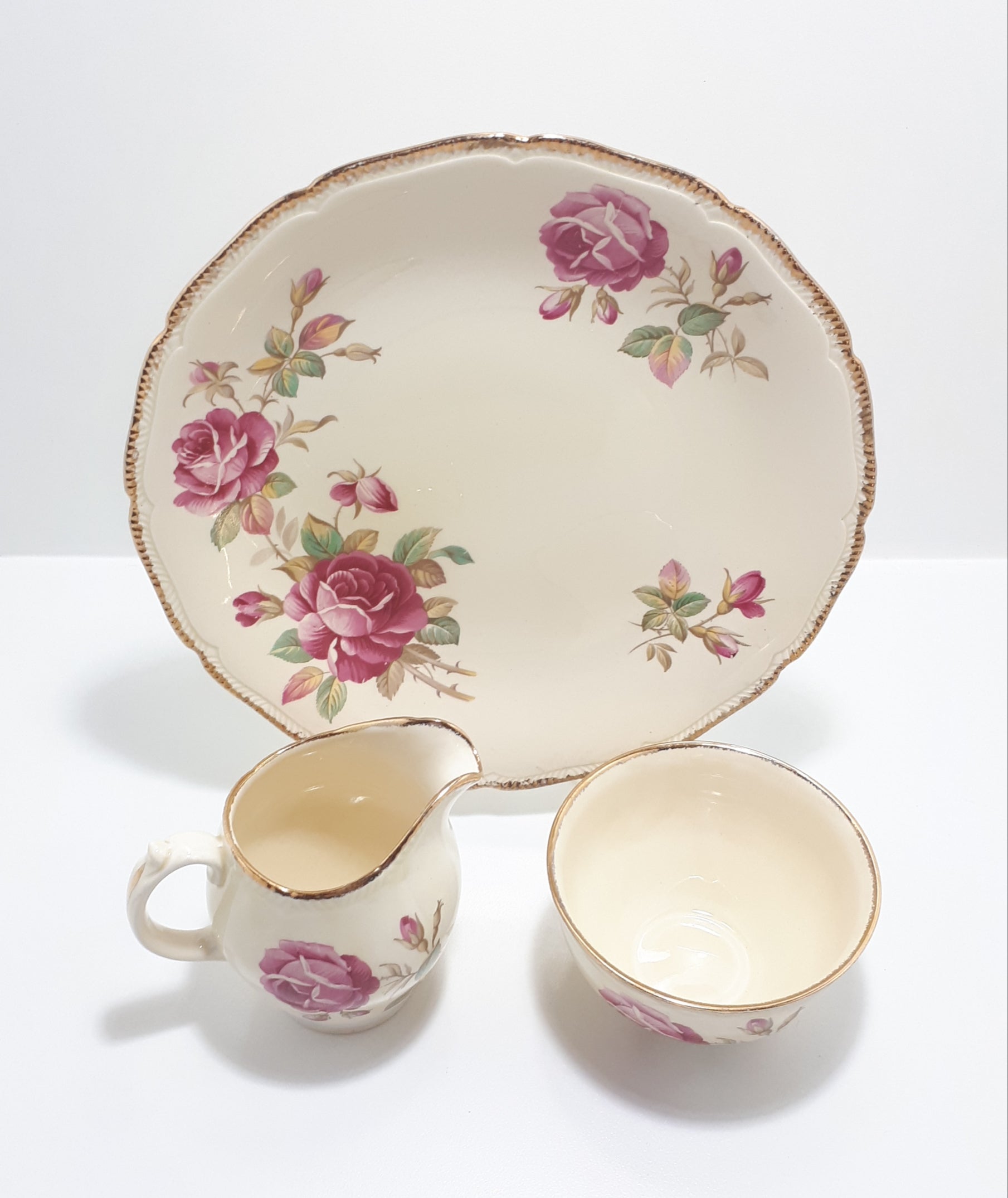 Royal Swan Cream Coloured With Rose Detail Biscuit Plate, Creamer & Open Sugar Bowl