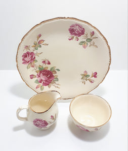 Royal Swan Cream Coloured With Rose Detail Biscuit Plate, Creamer & Open Sugar Bowl