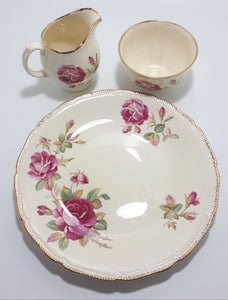 Royal Swan Cream Coloured With Rose Detail Biscuit Plate, Creamer & Open Sugar Bowl