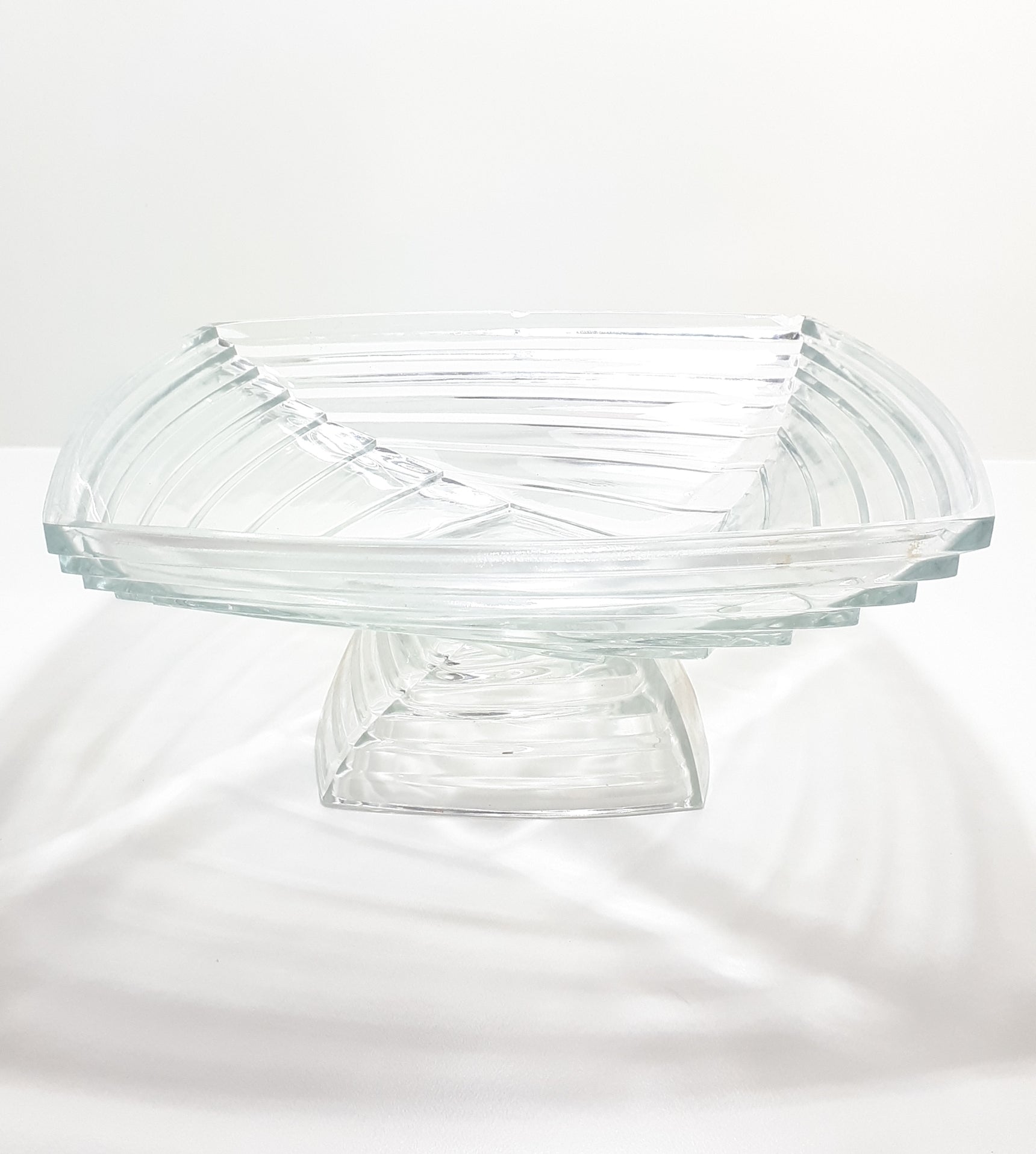Large Vintage Clear Glass Centerpiece Pedestal Display Bowl With Graduated Deco Square Design