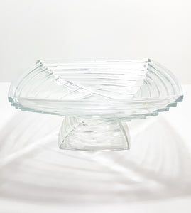 Large Vintage Clear Glass Centerpiece Pedestal Display Bowl With Graduated Deco Square Design