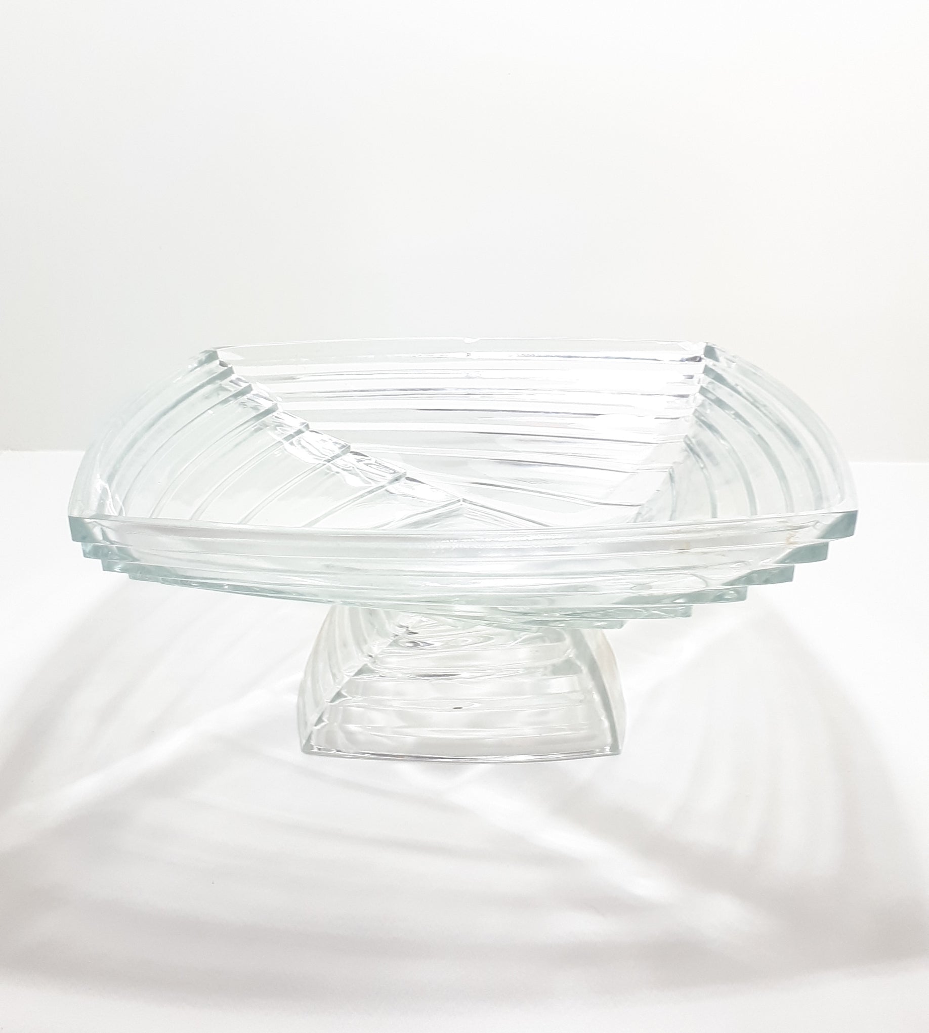 Large Vintage Clear Glass Centerpiece Pedestal Display Bowl With Graduated Deco Square Design