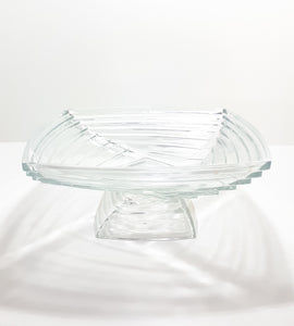 Large Vintage Clear Glass Centerpiece Pedestal Display Bowl With Graduated Deco Square Design
