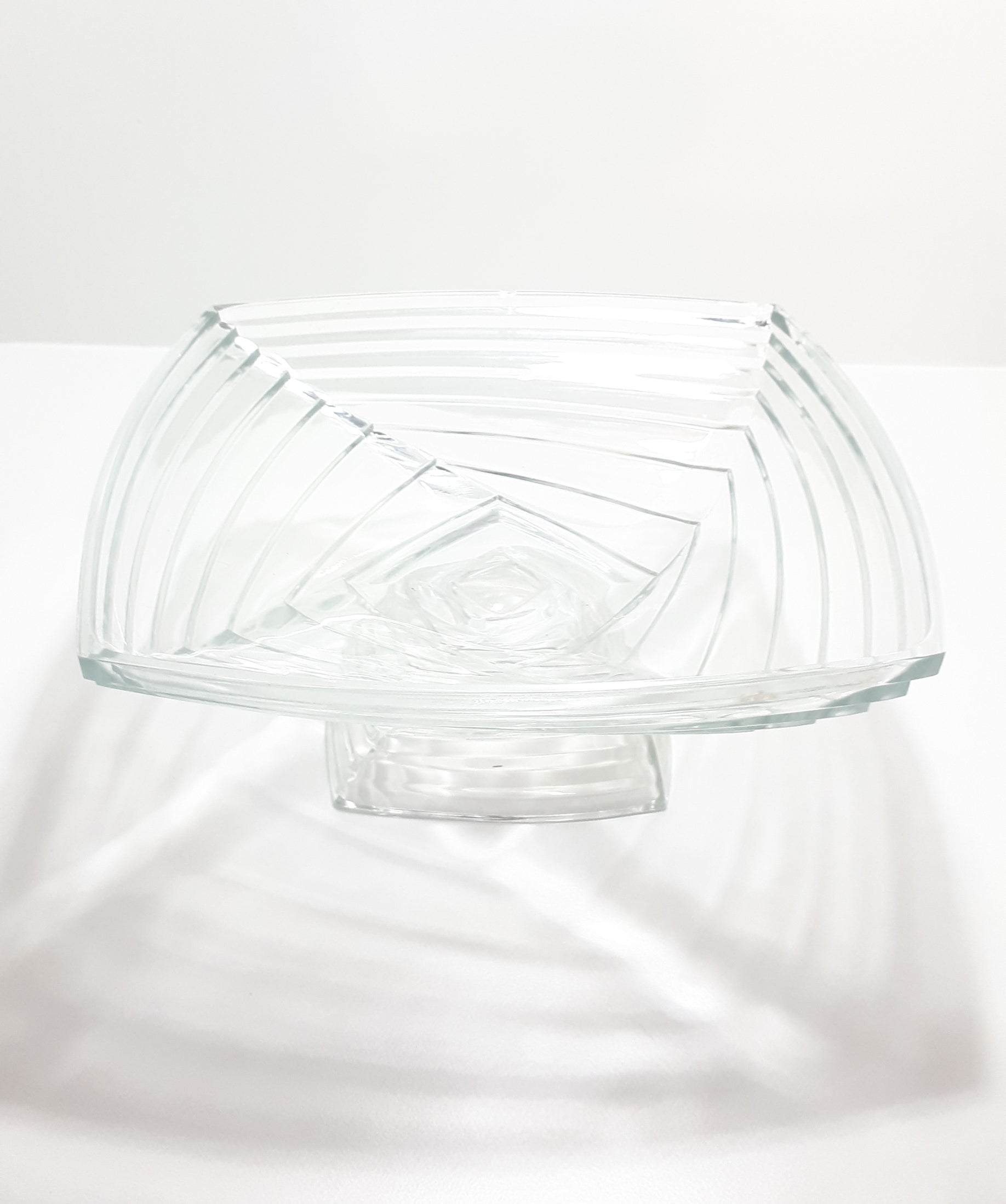 Large Vintage Clear Glass Centerpiece Pedestal Display Bowl With Graduated Deco Square Design