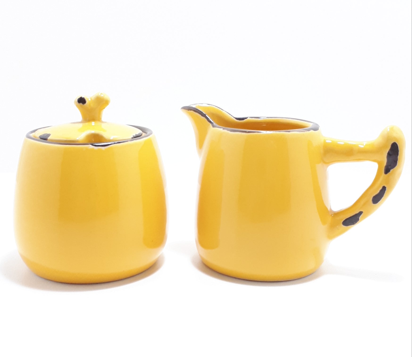 Golden Yellow Ceramic Lidded Sugar Bowl & Creamer – Enameled Look