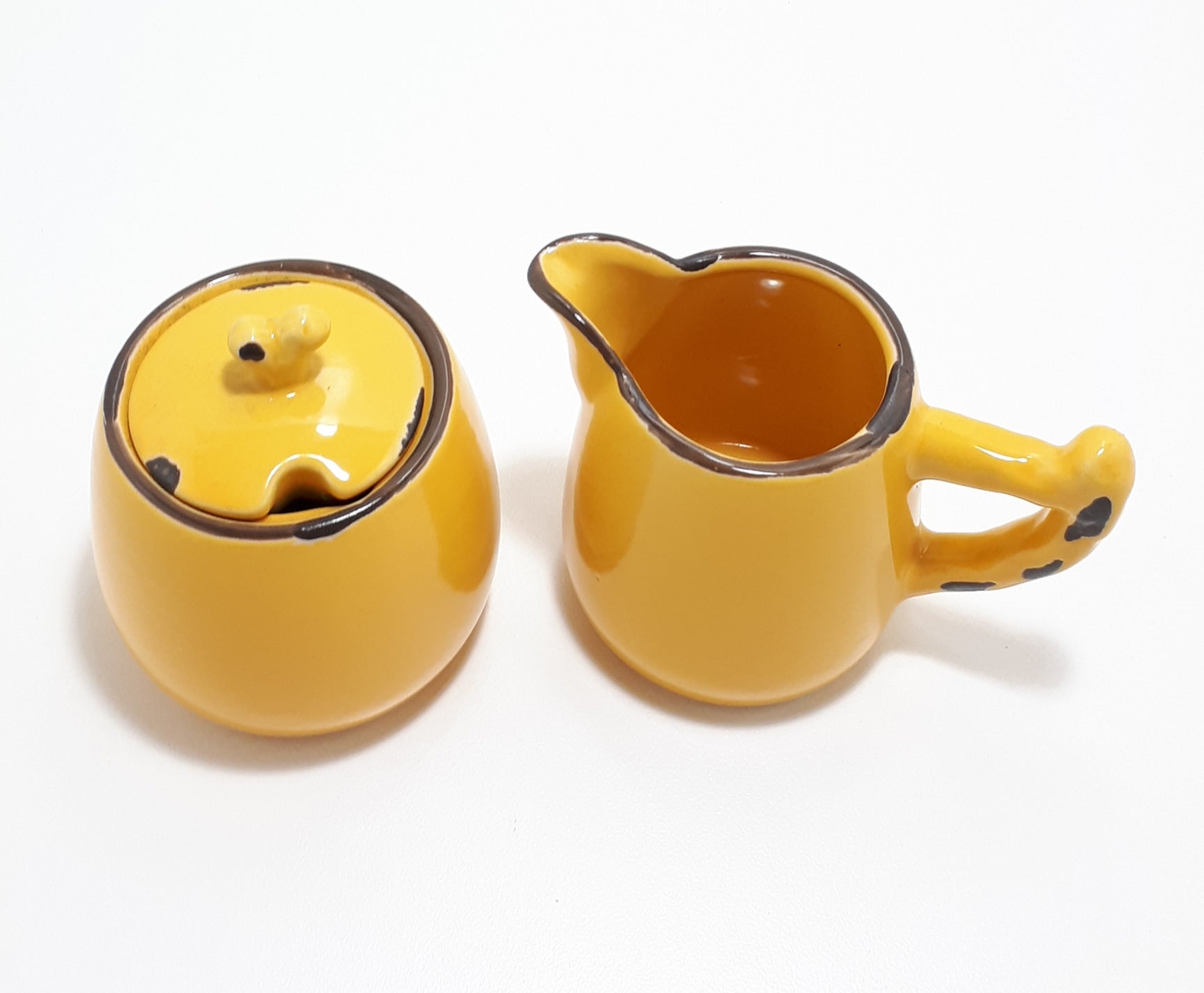 Golden Yellow Ceramic Lidded Sugar Bowl & Creamer – Enameled Look