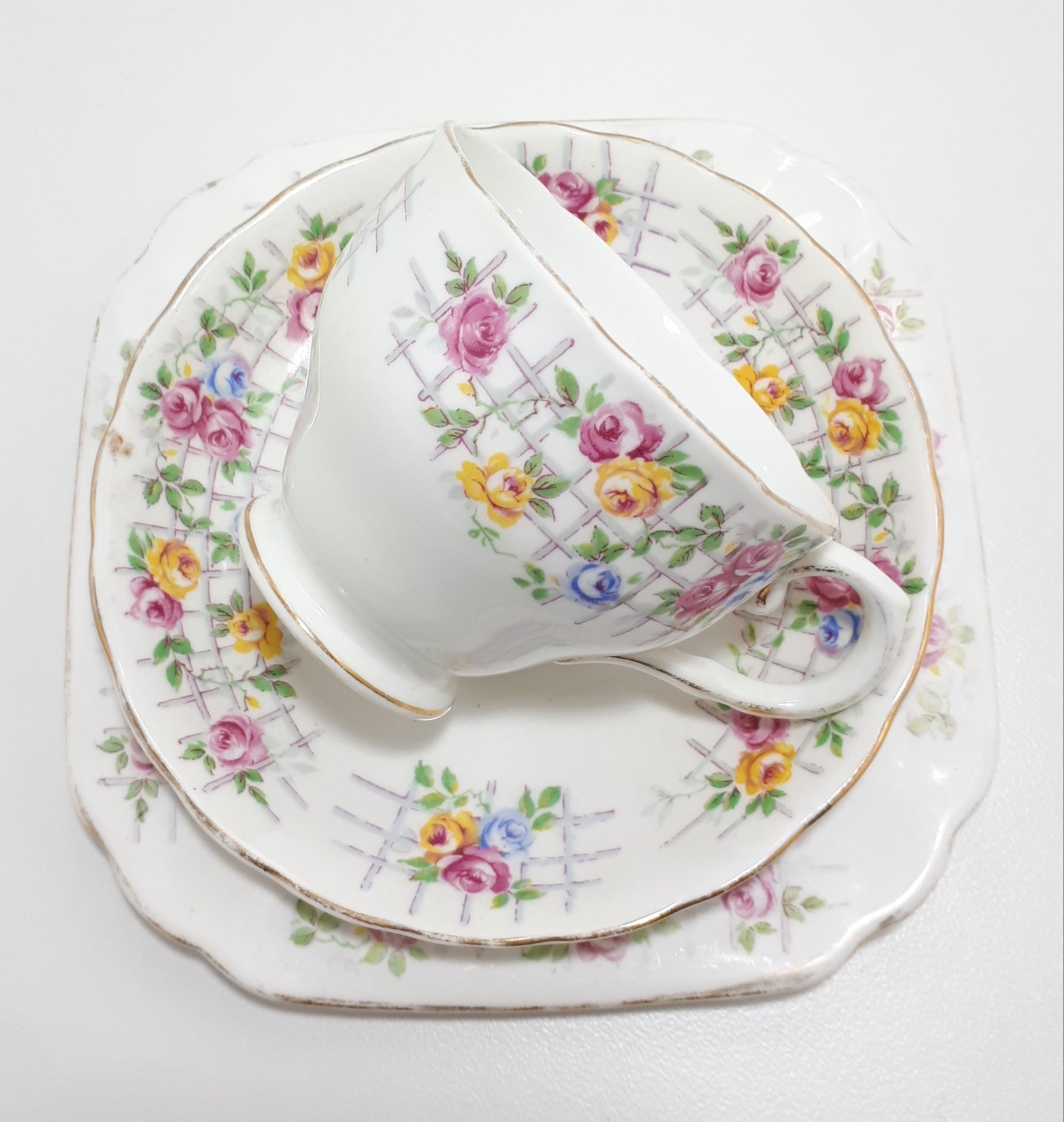 1940’s Tuscan Fine Bone China Tea Trio - Roses On Trellis C7903G