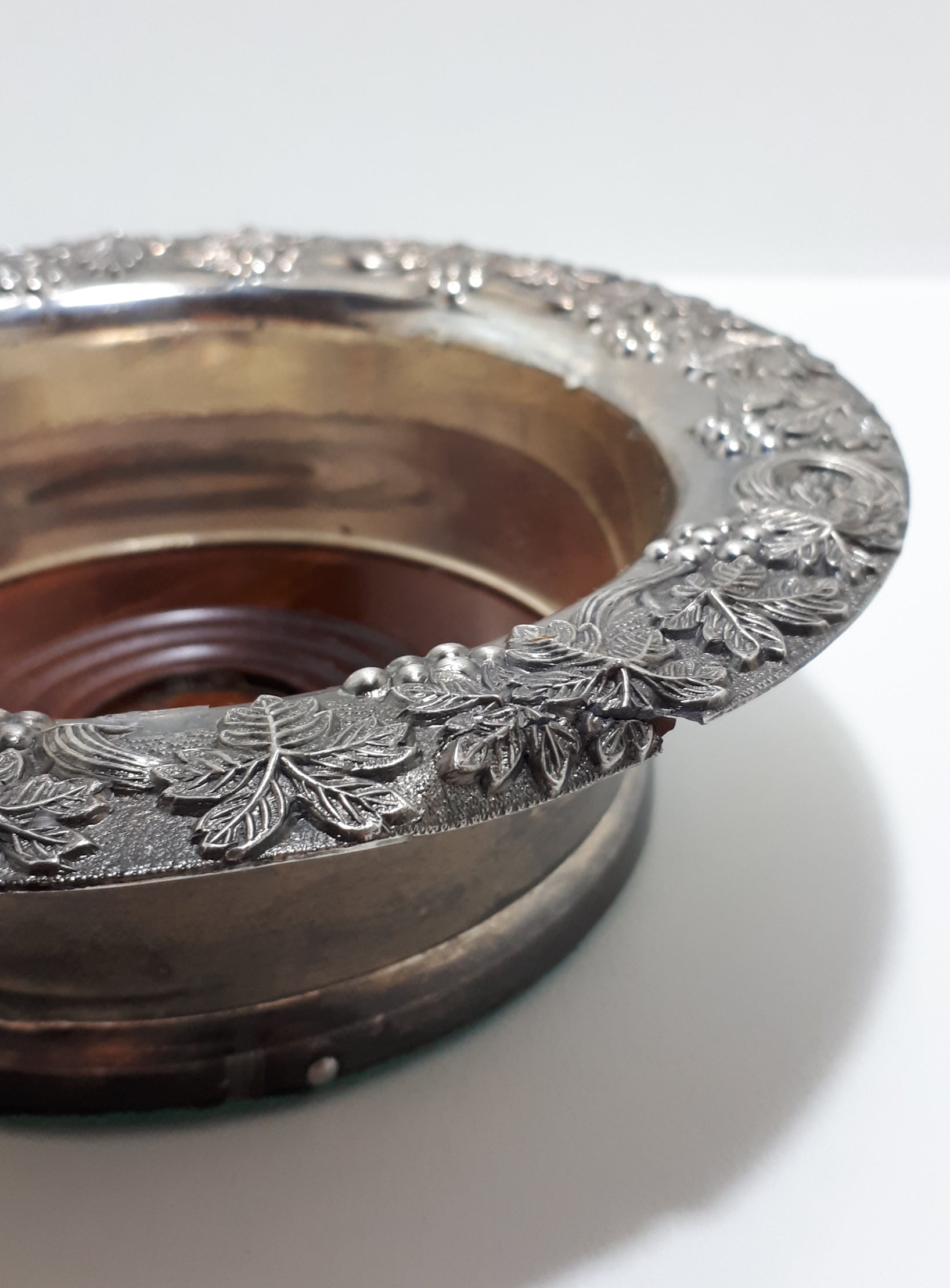 Solid & Heavy Silver Plated Embossed Bottle Coaster – Wood liner & Felt Base