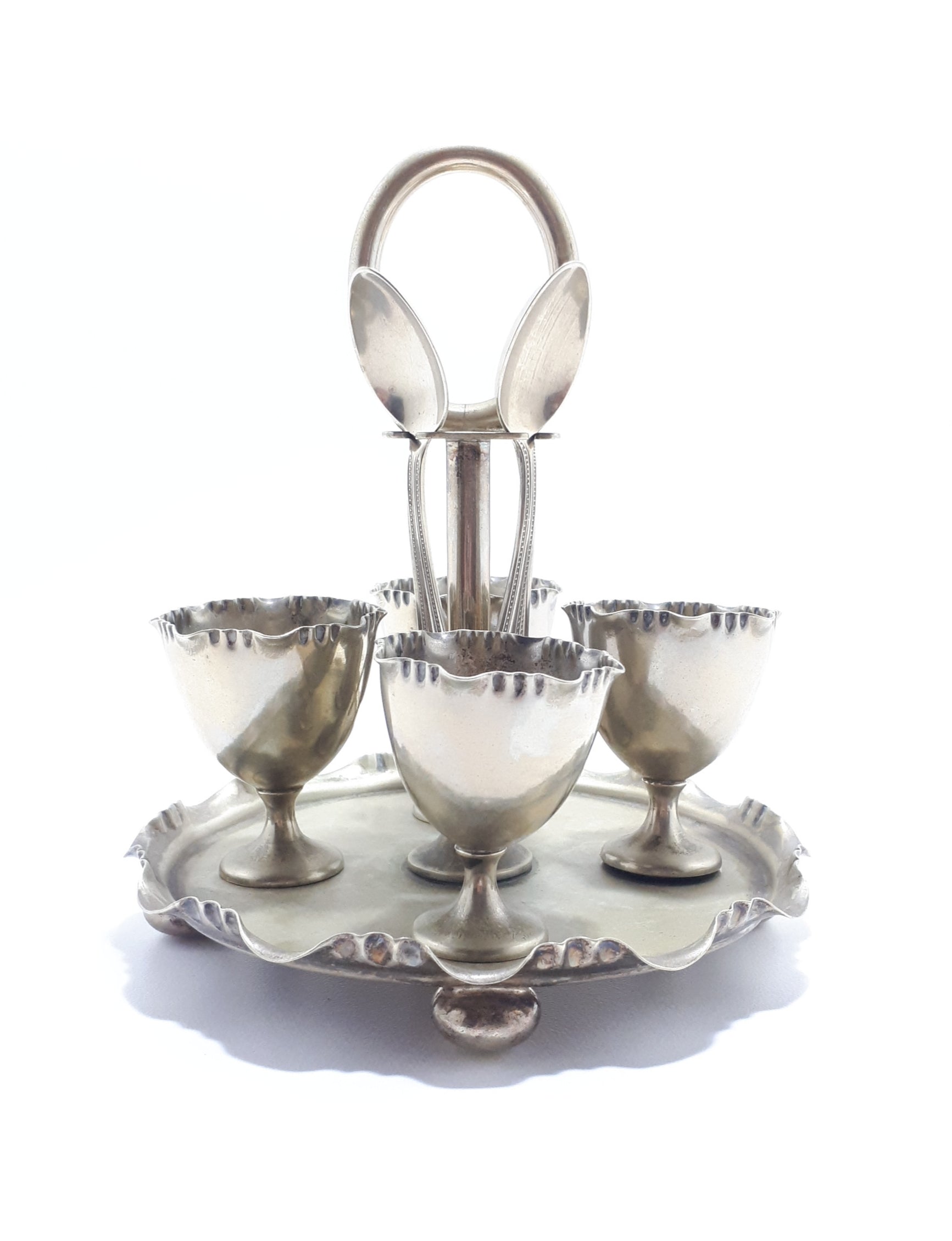 Silver Plated Stand Holding 4 Egg Cups & Spoons