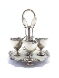 Silver Plated Stand Holding 4 Egg Cups & Spoons