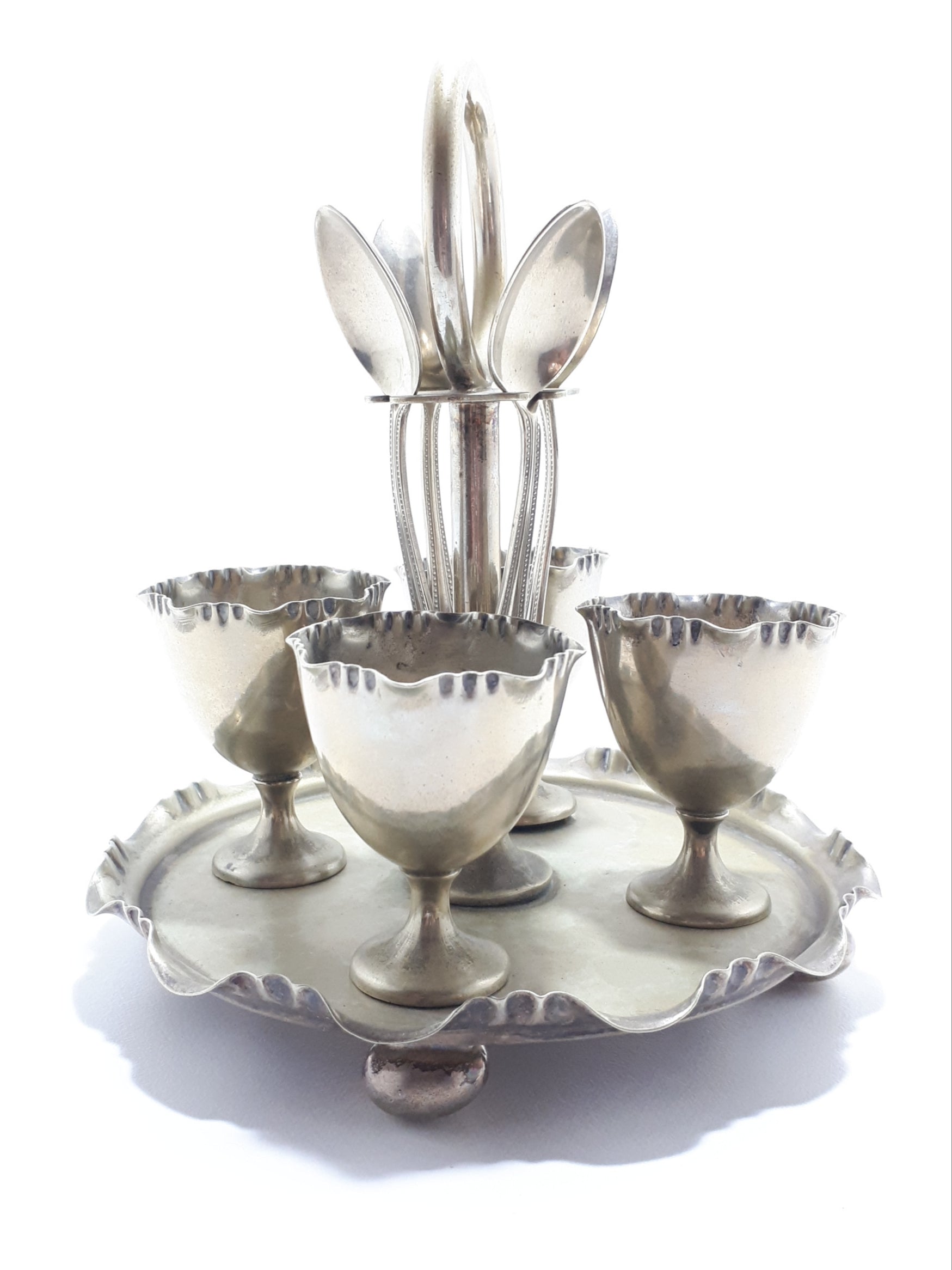 Silver Plated Stand Holding 4 Egg Cups & Spoons