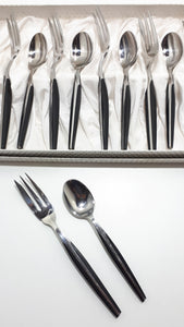 Retro Set Of 12 Eetrite “Moderna” Handle Design Stainless Steel & Bakelite Cutlery – Original Box