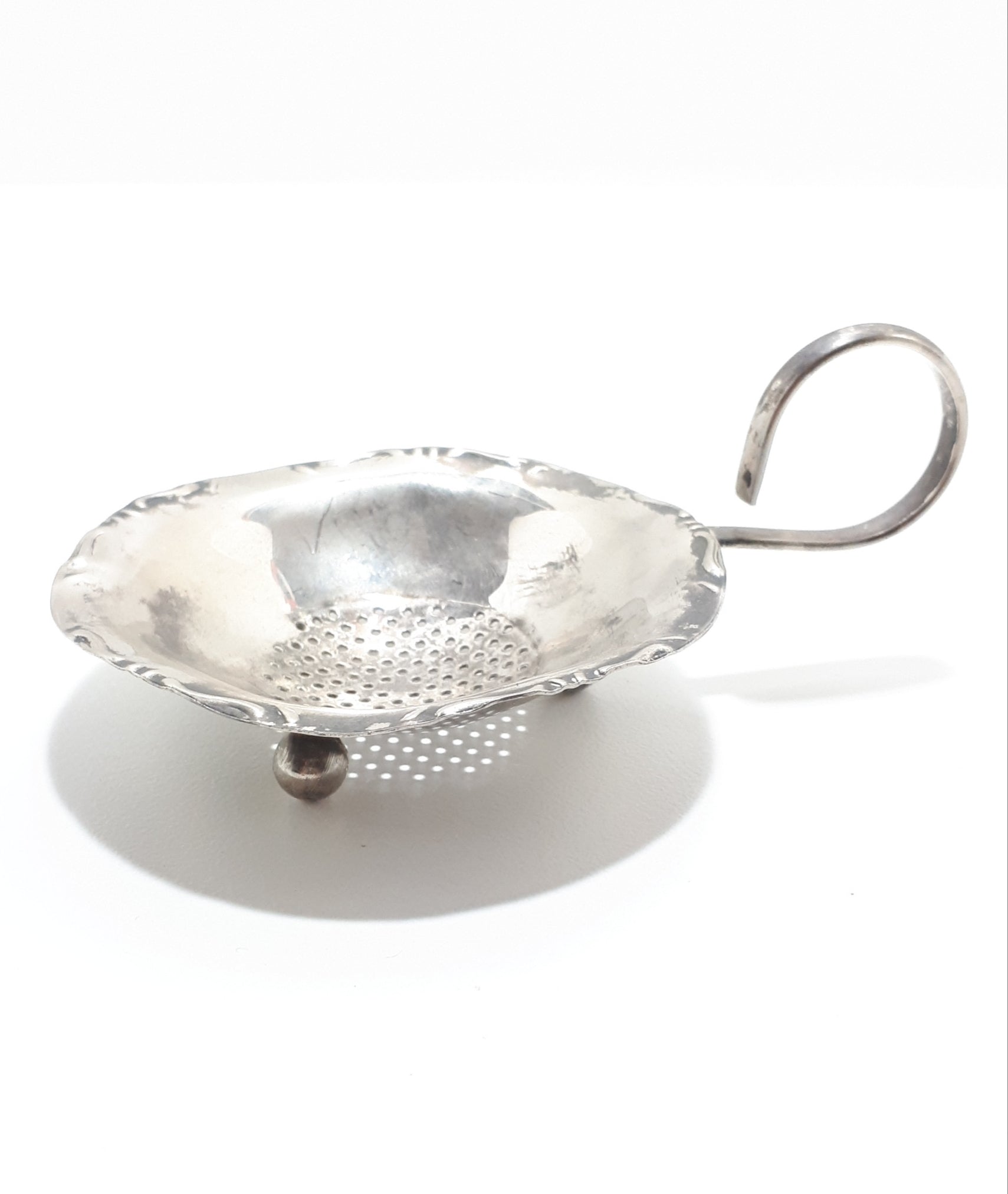 Unique Silver Plated Tea Strainer With Ball Feet & Scroll Handle