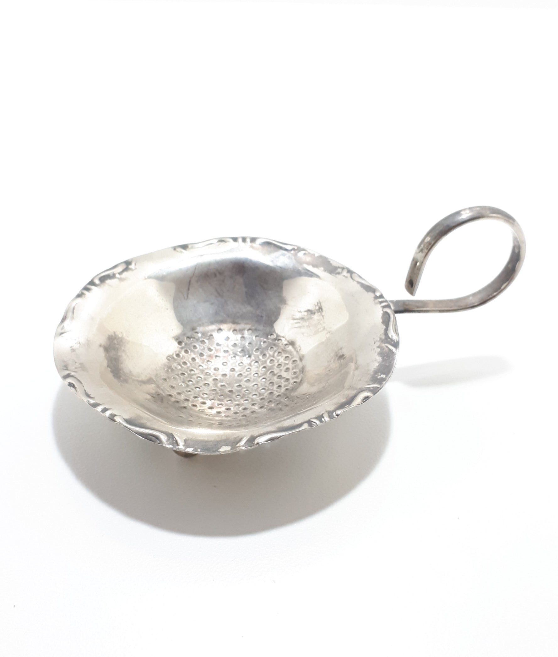 Unique Silver Plated Tea Strainer With Ball Feet & Scroll Handle