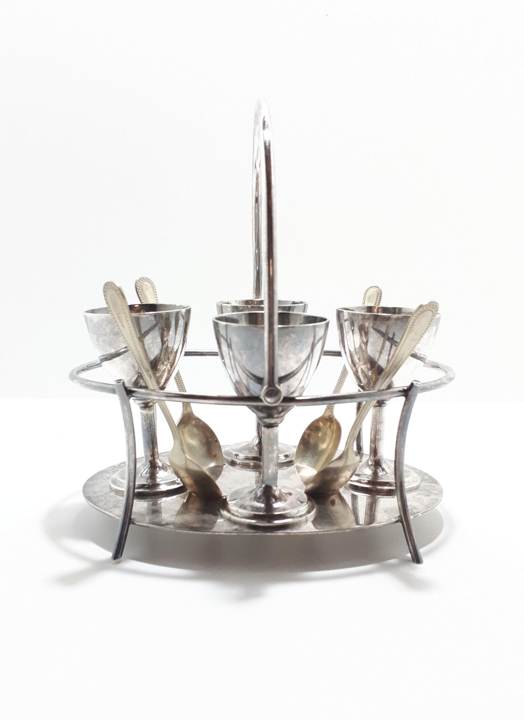 1950’s Silver Plated Breakfast Stand With 4 Egg Cups & Spoons – Swing Handle