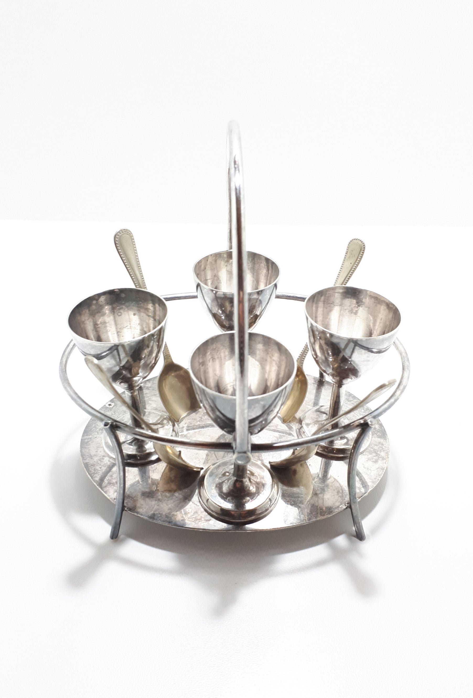 1950’s Silver Plated Breakfast Stand With 4 Egg Cups & Spoons – Swing Handle