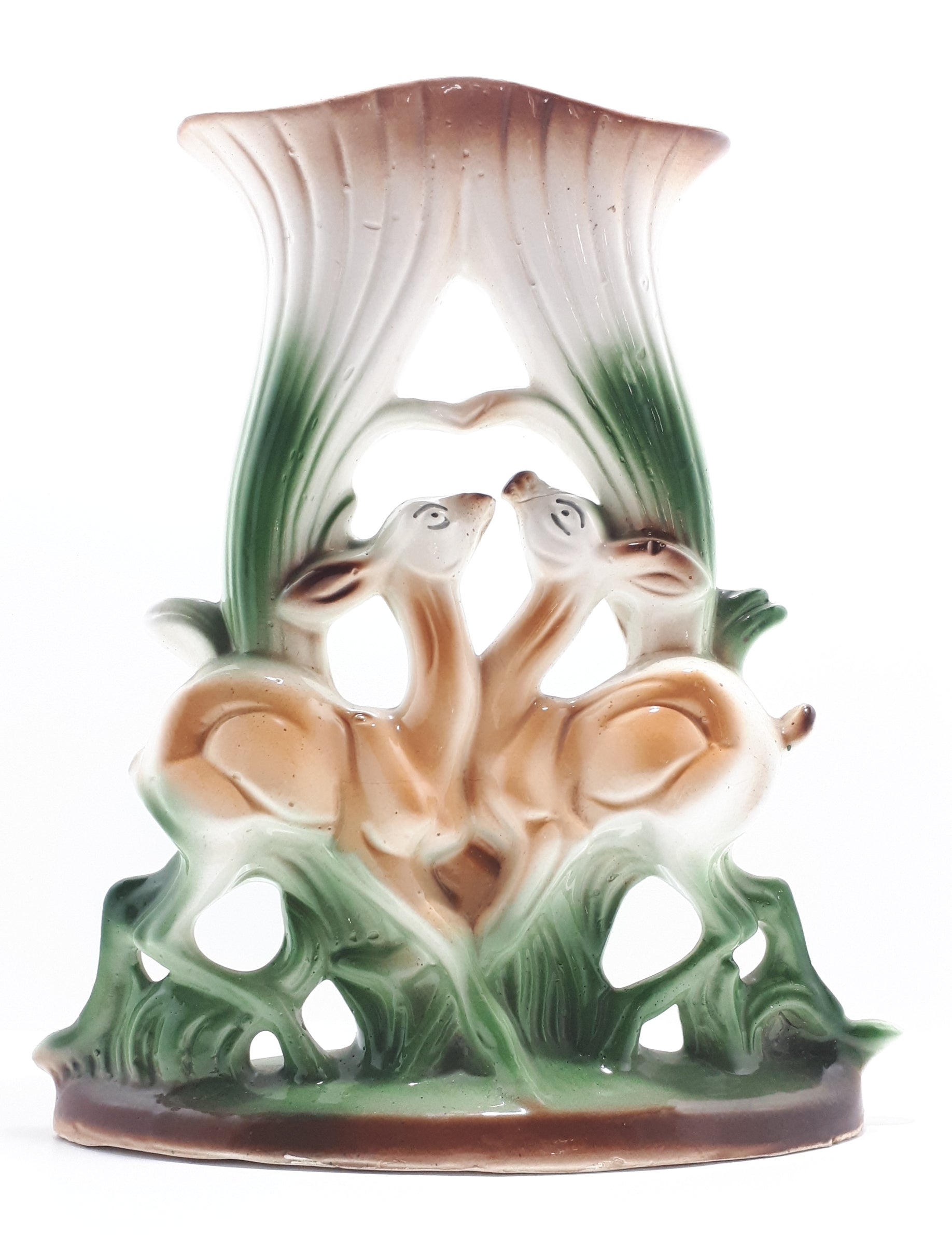 Large Double Ceramic Flower Vase With Couple of Deer