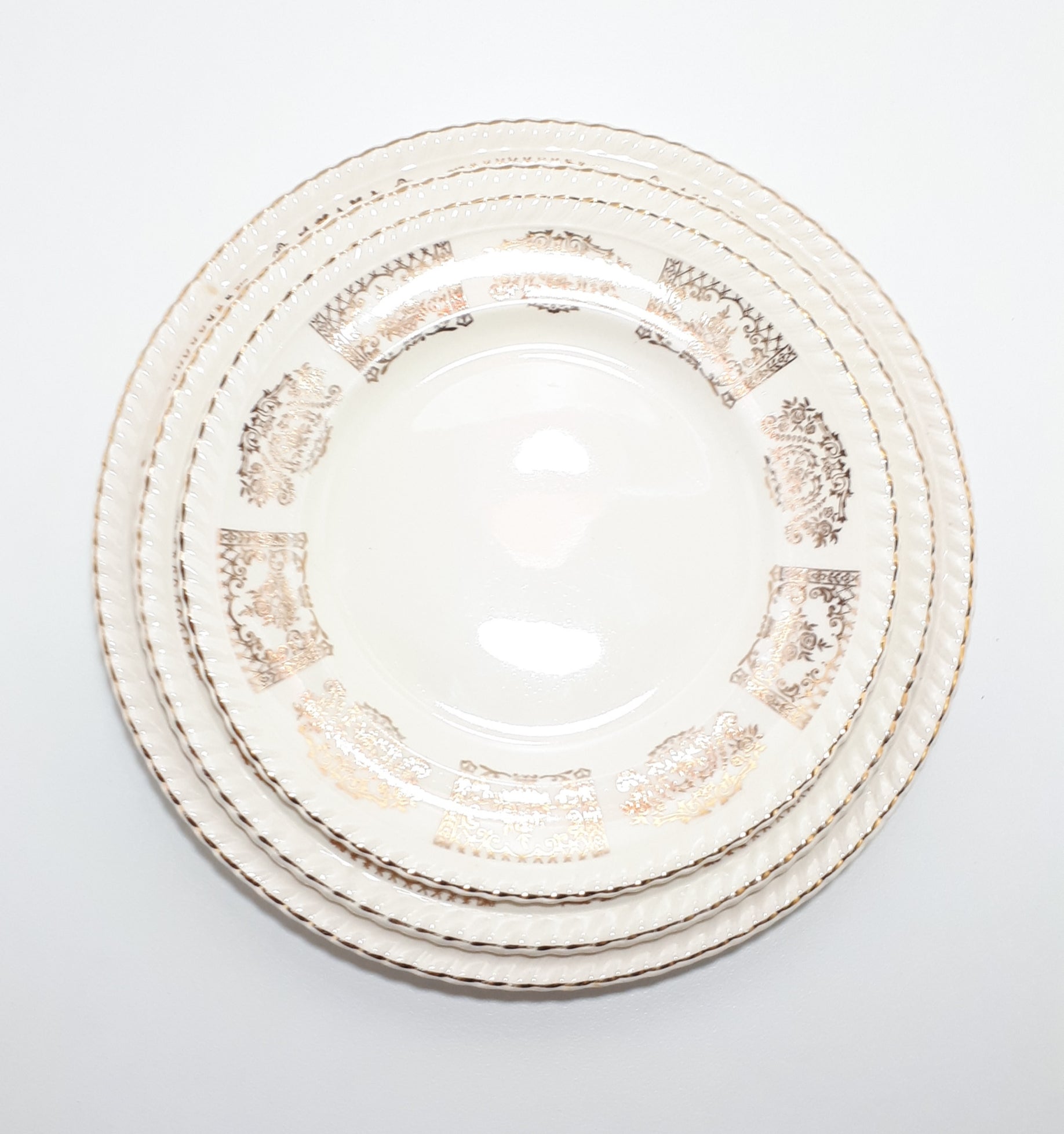 Antique 1913-1920’s Johnson Bros Porcelain Plate Set – Bread, Salad, Dinner – JB10 & JB13 Gold Pattern