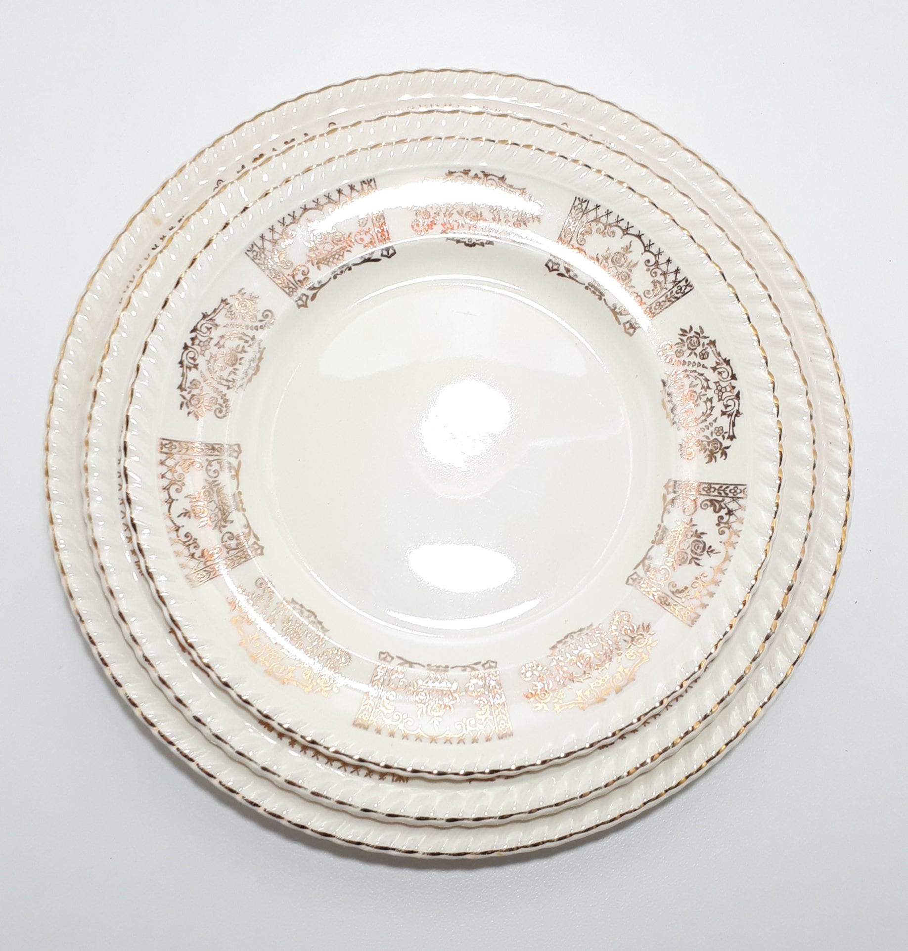 Antique 1913-1920’s Johnson Bros Porcelain Plate Set – Bread, Salad, Dinner – JB10 & JB13 Gold Pattern