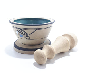 Stoneware Mortar & Pestle Decorated With Enameled Patterning
