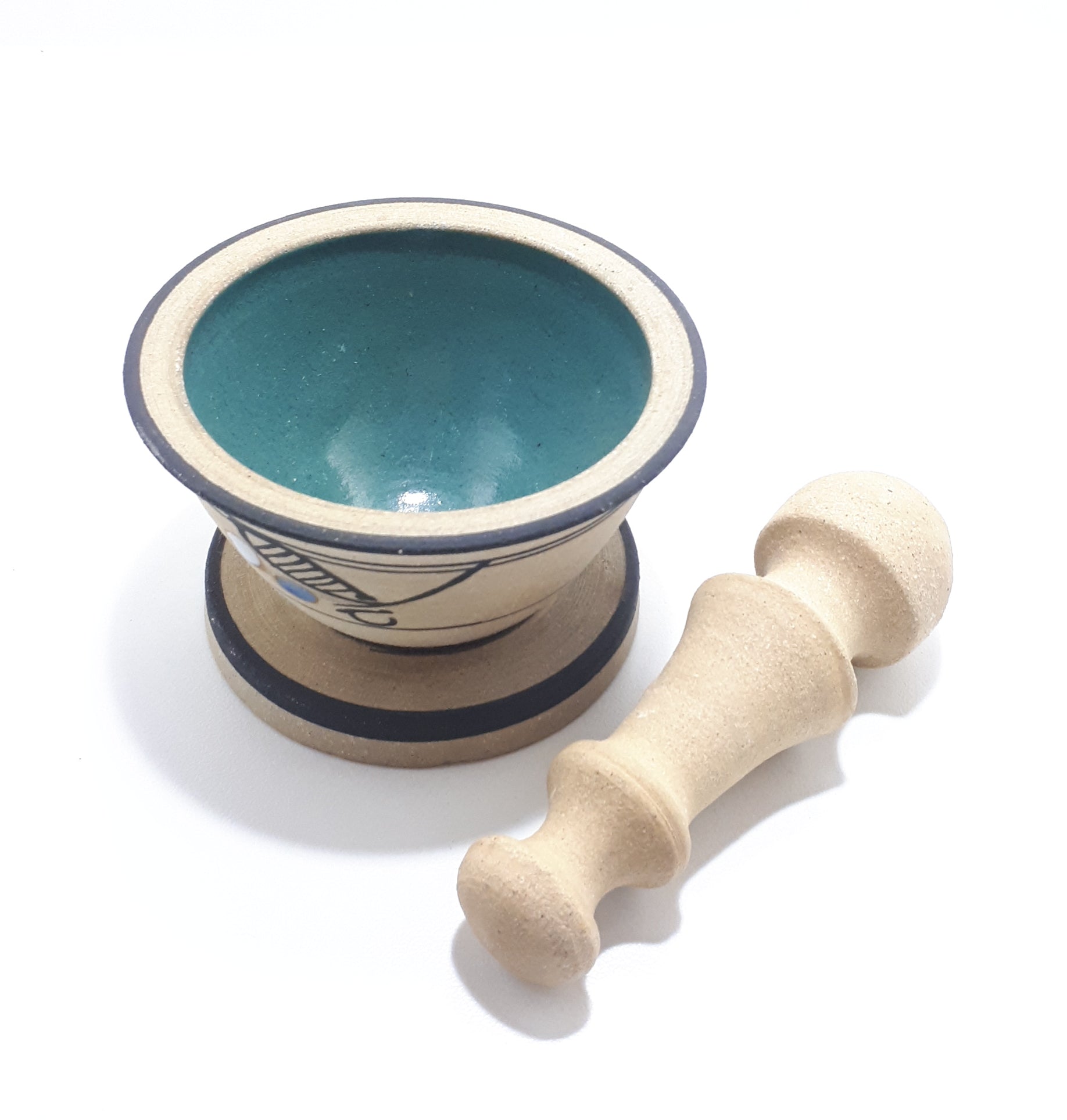 Stoneware Mortar & Pestle Decorated With Enameled Patterning