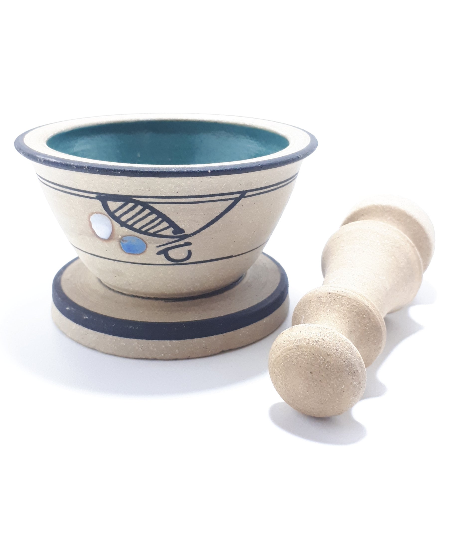 Stoneware Mortar & Pestle Decorated With Enameled Patterning