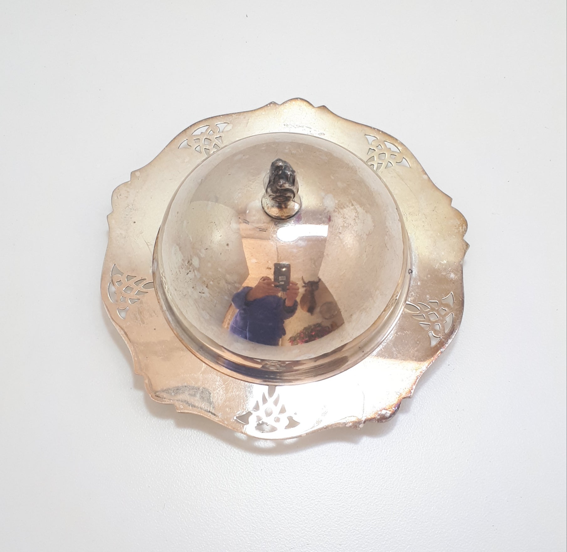 Angora EPNS Butter Dish With Domed Lid, Feathered Finial & Frosted Glass Inner
