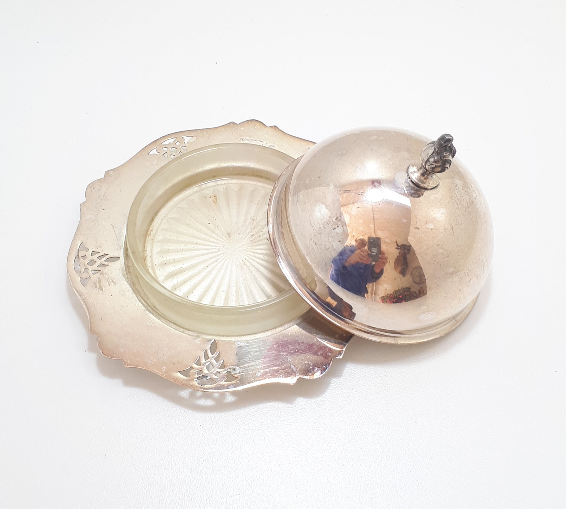 Angora EPNS Butter Dish With Domed Lid, Feathered Finial & Frosted Glass Inner