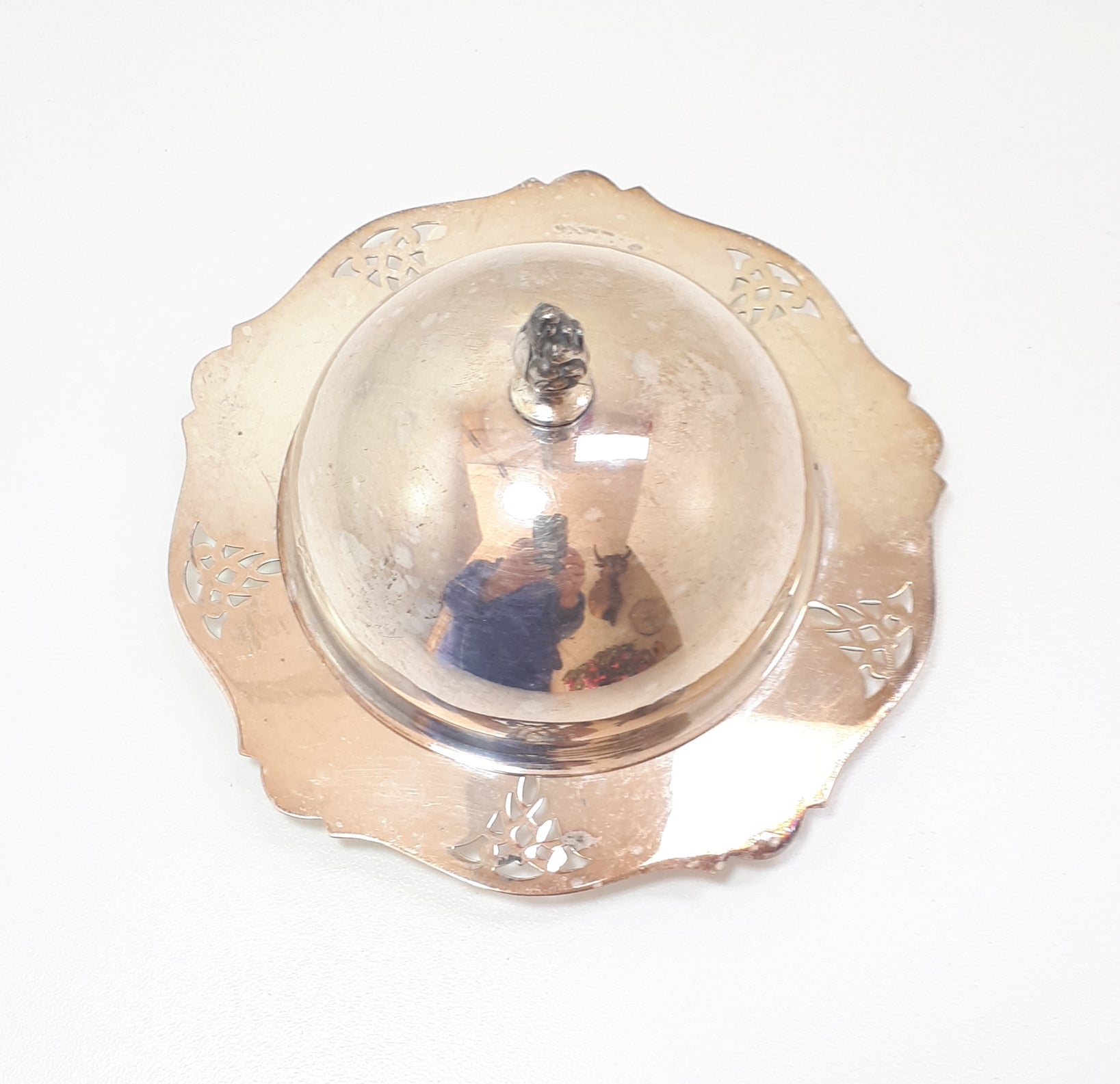 Angora EPNS Butter Dish With Domed Lid, Feathered Finial & Frosted Glass Inner