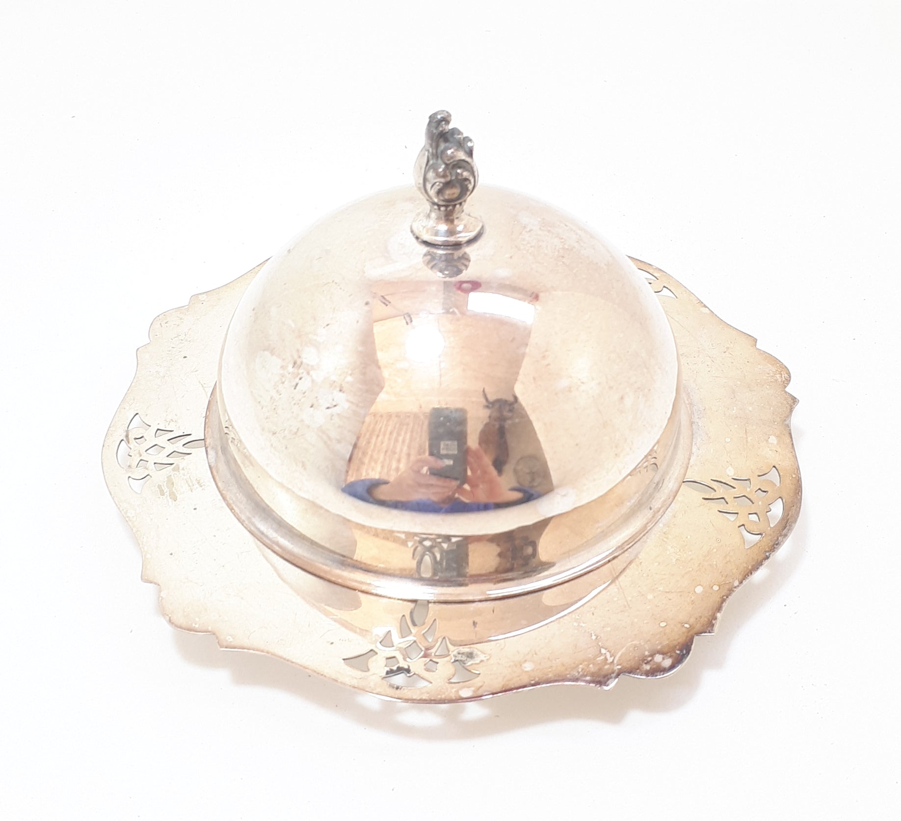 Angora EPNS Butter Dish With Domed Lid, Feathered Finial & Frosted Glass Inner